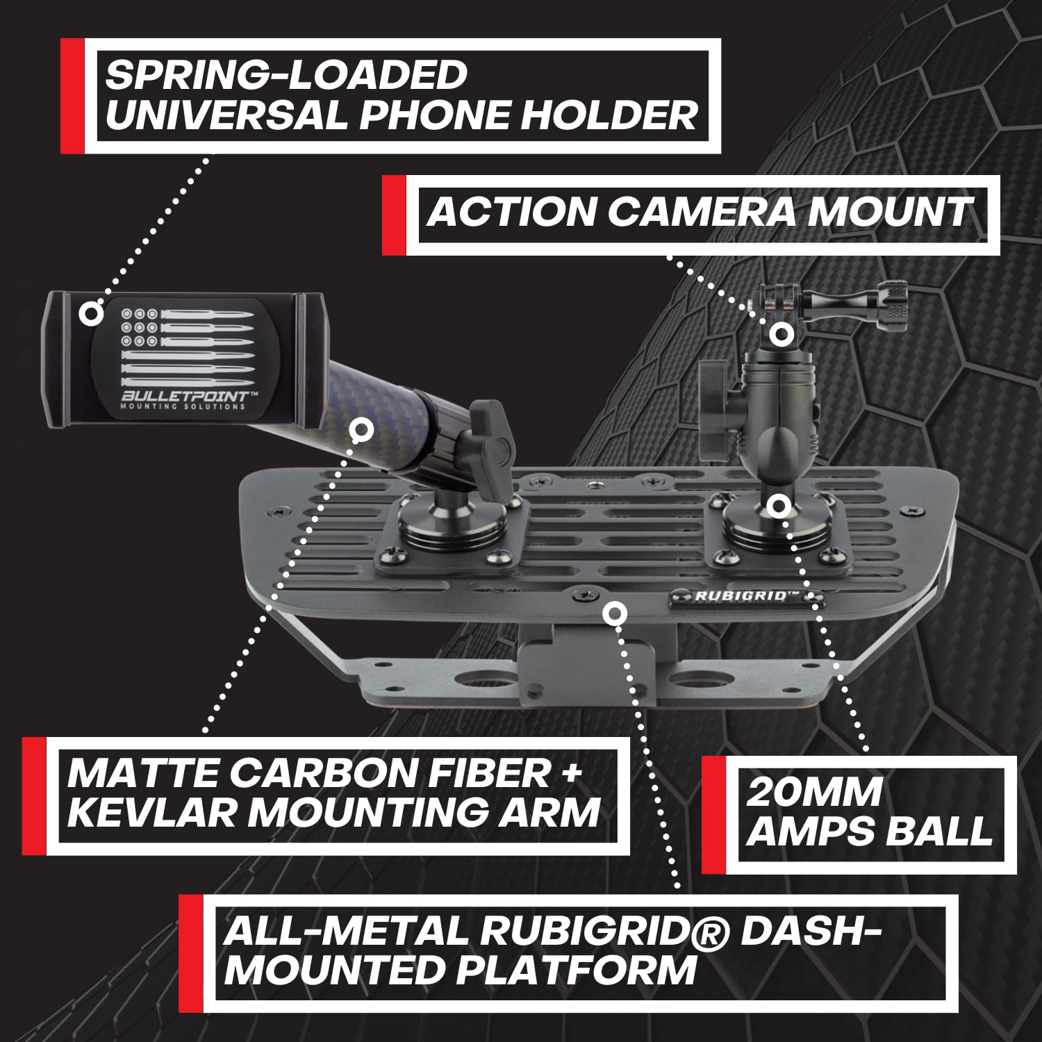 Bulletpoint Dash Cell Phone Holder Compatible with 2011-2018 Jeep Wrangler JK JKU 20mm Ball Mount (RubiGrid Multi-Device) - Image 3