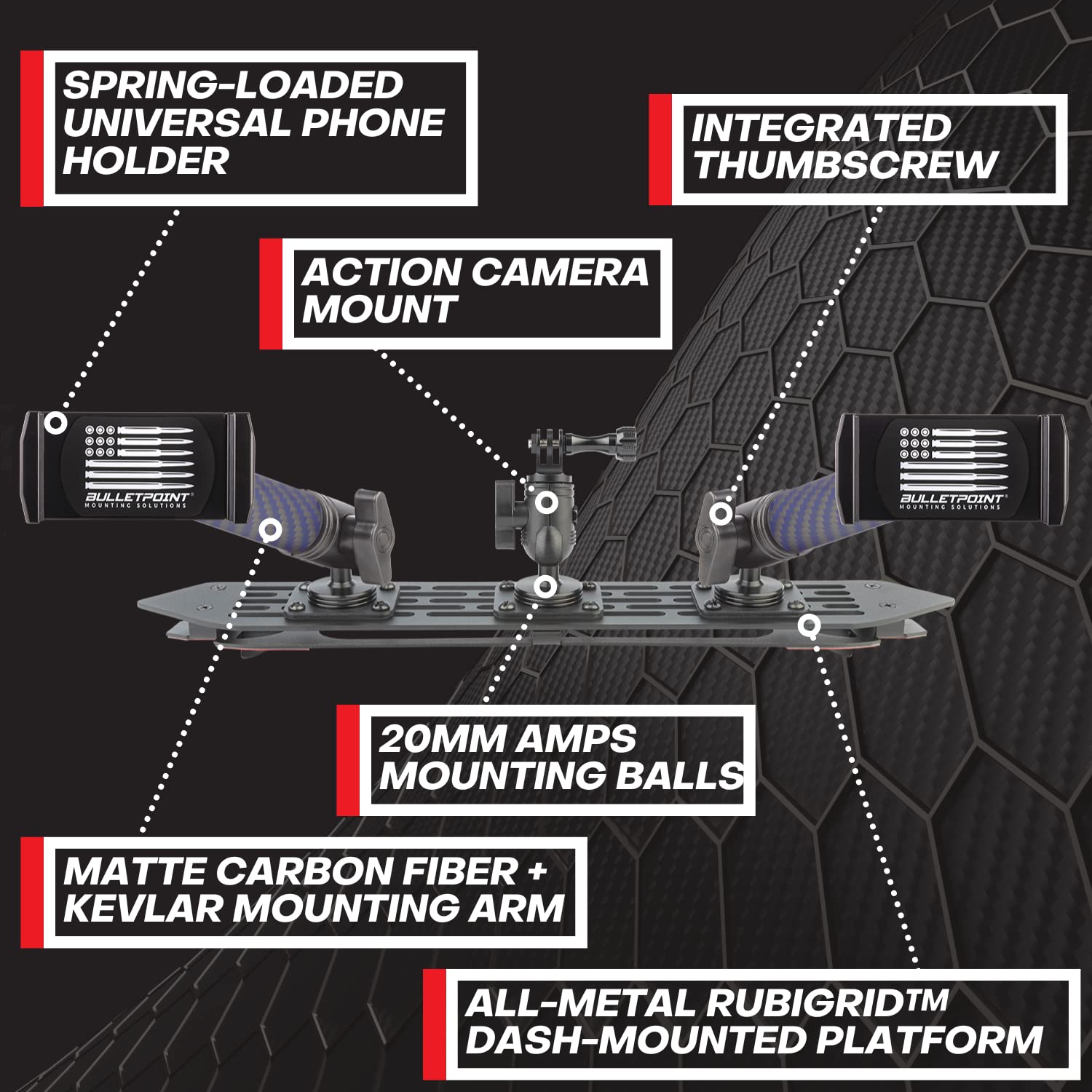 Bulletpoint RubiGrid Multiple Device Dash Mount Platform with 2 Phone Holders + Action Camera Bracket Compatible with 2018-2023 Jeep Wrangler JL (NOT 4xe) + 2020-2023 Gladiator - Image 3